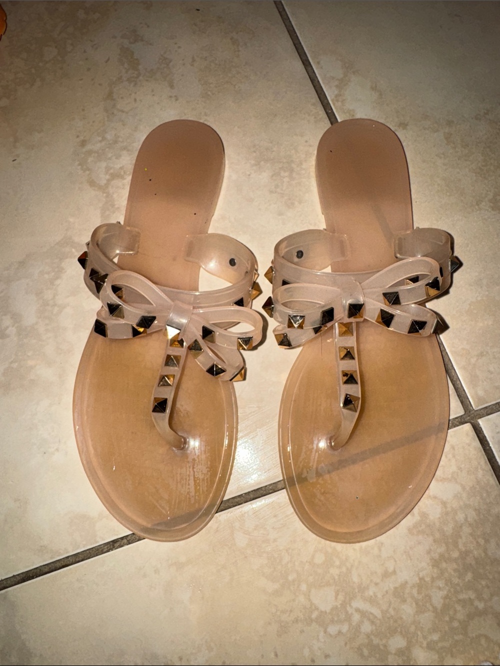 Clear Nude Bow Jelly Thong Sandals with Gold Studs
